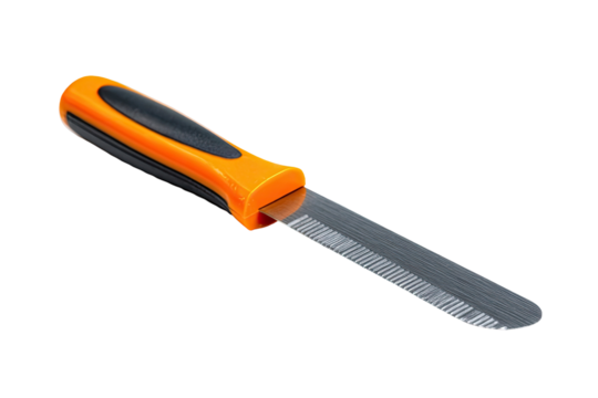 Orange and black handled grooming tool.  A  small,  metal  scraper/comb  with  a  ergonomic  handle