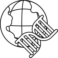 A black and white drawing of a DNA strand with a globe in the background