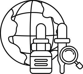 A black and white drawing of a globe with a bottle and a magnifying glass on it