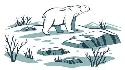 Illustration of a polar bear in its natural habitat, surrounded by rocks and bushes