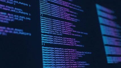 Captivating lines of code illuminate a digital screen with vibrant blue and purple hues, symbolizing innovation and technology. - Powered by Adobe
