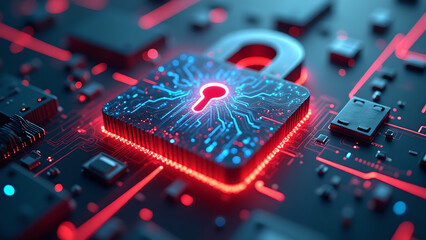 Futuristic Cybersecurity Lock with Glowing Neon Padlock and Digital Data Streams on Circuit Board