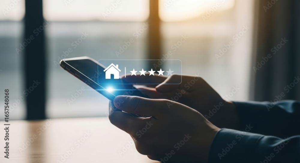 Poster hands holding a smartphone displaying a digital interface with home and family icons and glowing lig