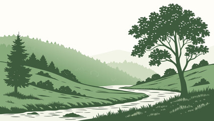 Fototapeta premium Vector art of a picturesque mountain landscape illustration showcasing a winding river, lush forests, and towering trees under a clear sky
