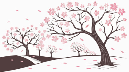 Vector art of a picturesque scene of cherry blossom trees with pink flowers, capturing the essence of spring