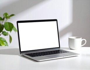 Fototapeta premium Laptop Mockup on White Desk with Coffee Mug and Plant