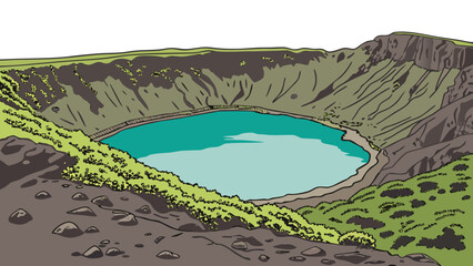 Vector art of a scenic crater lake in iceland, surrounded by lush green vegetation and rocky terrain, a popular tourist destination © MST SAHIDA  BEGUM 