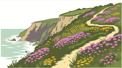 Vector art of a scenic illustration of a coastal path in cornwall, england, with cliffs, wildflowers, and the sea on a sunny summer day © MST SAHIDA  BEGUM 