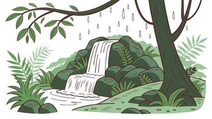 Vector art of a serene waterfall cascading down rocks surrounded by lush vegetation and a tree with raindrops