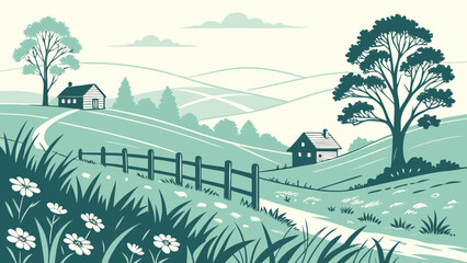 Vector art of a vibrant countryside landscape with rolling hills, a charming path, and a quaint fence, showcasing the beauty of rural life