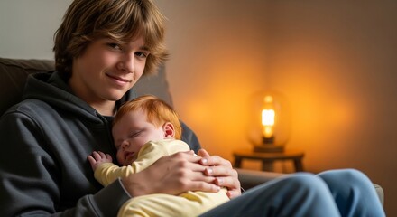 A teenage boy cradles a sleeping baby in a hoodie Warm light shines from a lamp
