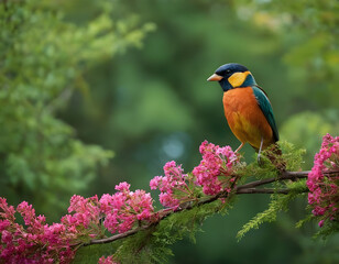 Fototapeta premium A bright exotic bird in a tropical garden, a cute bird in sunlight.