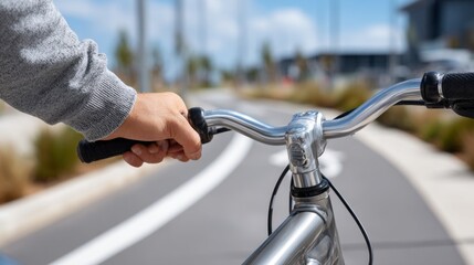 Obraz premium Close up of cyclist gripping handlebars while riding along a smooth pathway on a sunny day in an urban environment