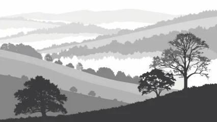 Gordijnen Grijs Vector art of majestic mountain landscape with trees in silhouette, enveloped in fog, showcasing the serene beauty of natures panorama  © MST SAHIDA  BEGUM 