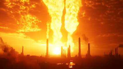 Fototapeta premium A large, glowing sun is in the sky above a city with many tall buildings. The sun is surrounded by a large cloud of smoke, which is coming from a nearby factory. The scene is dark and ominous