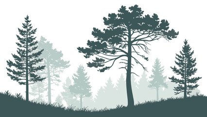 Vector art of serene forest landscape with pine trees, evoking a sense of tranquility and natural beauty