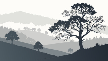 Vector art of serene mountain landscape with trees in silhouette, shrouded in fog, creating a peaceful and scenic view of natures beauty © MST SAHIDA  BEGUM 