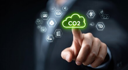 A hand interacts with a digital display showing CO2 emissions data and related industry icons
