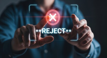 Obraz premium Person s hands interact with a futuristic digital interface displaying a red cross symbol and the word reject