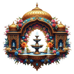 Fototapeta premium Ornamental Fountain With Golden Dome And Floral Accents Detailed Artistic Design