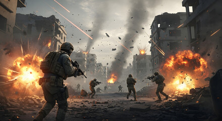 Obraz premium Soldiers in Combat Dramatic War Scene with Explosions and Urban Destruction
