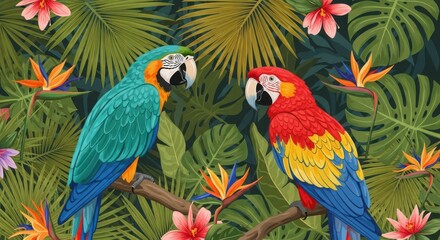 Obraz premium Vibrant Tropical Rainforest With Two Macaws Perched on a Branch Surrounded by Lush Greenery and Exotic Flowers