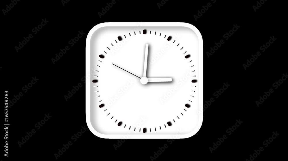 Poster elegant time design animation. minimalist white square clock with sharp black hour indicators and si