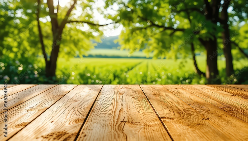 Poster a peaceful countryside scene with an empty wooden table, showcasing a calming view of green fields a