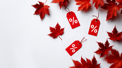 Red SALE tags on white background with maple leaves autumn promotion