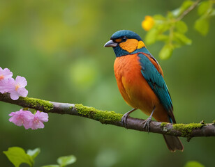 Fototapeta premium Close-up of a bright exotic bird in a tropical garden, a cute bird in sunlight.