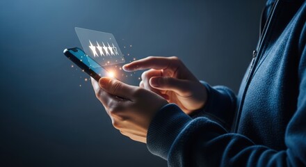 Close up of hands using a smartphone with glowing digital interface and futuristic technology elements