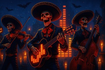 Halloween-themed skeleton mariachi band plays violin, guitar, and double bass surrounded by candles, bats, and glowing lights in a festive night scene