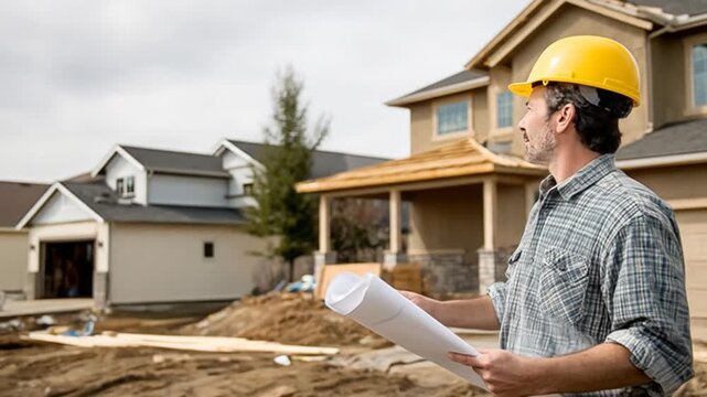 A construction worker in a yellow hard hat examines blueprints on a residential building site, with partially constructed homes and tools scattered in the background