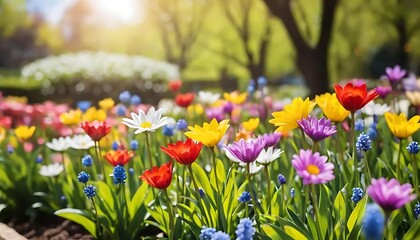 Colorful Meadow Spring Garden with Blooming Wild flowers