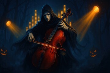 Fototapeta premium Halloween image of a masked figure in a black cloak playing a cello under eerie lights with glowing pumpkins and illuminated soundwave bars in a dark haunted forest night