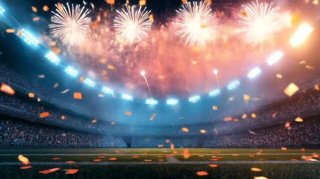 A vibrant sports stadium illuminated by colorful fireworks, celebrating a thrilling game night with fans cheering in the background amidst falling confetti