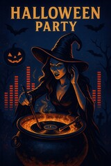 A witch in a pointed hat stirs a glowing cauldron shaped like a vinyl record player while DJing at a Halloween party with bats, pumpkins, and audio bars