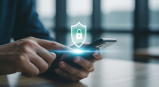 Close up of a person s hands using a smartphone with a glowing digital security shield icon overlay - Powered by Adobe