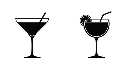 Two black and white illustrations of cocktail glasses with straws and garnish silhouette