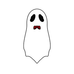 A ghost with a bow tie is drawn on a white background