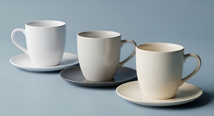 Fototapeta premium Serene Diagonal Arrangement of Three Modern Ceramic Cups in Neutral White, Gray, and Cream.