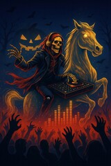 Halloween skeleton DJ riding ghostly glowing horse spins on turntables above raised hands of a crowd with pumpkins, bats and glowing jack-o-lantern backdrop
