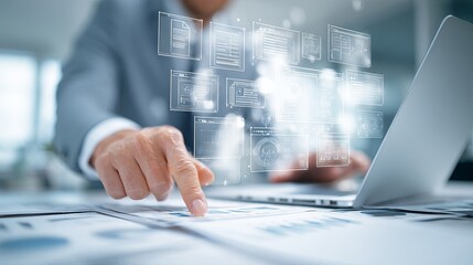 Professional analyzing digital data interface with futuristic technology and laptop, business strategy.