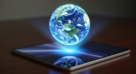Holographic projection of earth on tablet screen, symbolizing global connectivity, digital technology, and future of communication in business