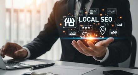 Business professional presenting digital marketing strategy for local search engine optimization success
