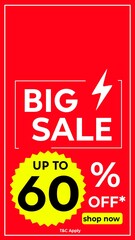 Modern red big sale banner design with up to 60% discount offer, perfect for mobile ads, social media promotions, e-commerce sales, fashion store offers, and digital marketing campaigns, vertical 