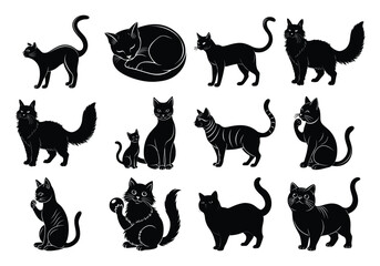 Obraz premium Black cat silhouette vector set on white with playful, sleeping, and various Poses
