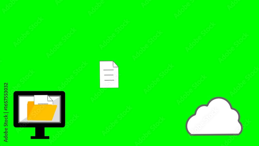 Poster animation of data transfer from computer to cloud. floating files, digital backup, cloud sync, and d