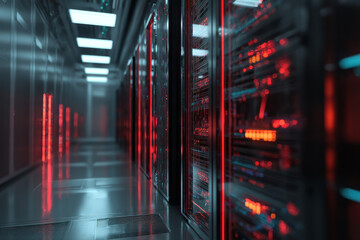 A server room with blinking lights and humming machines An AI tool is scanning data packets in real time The mood feels precise and vigilant