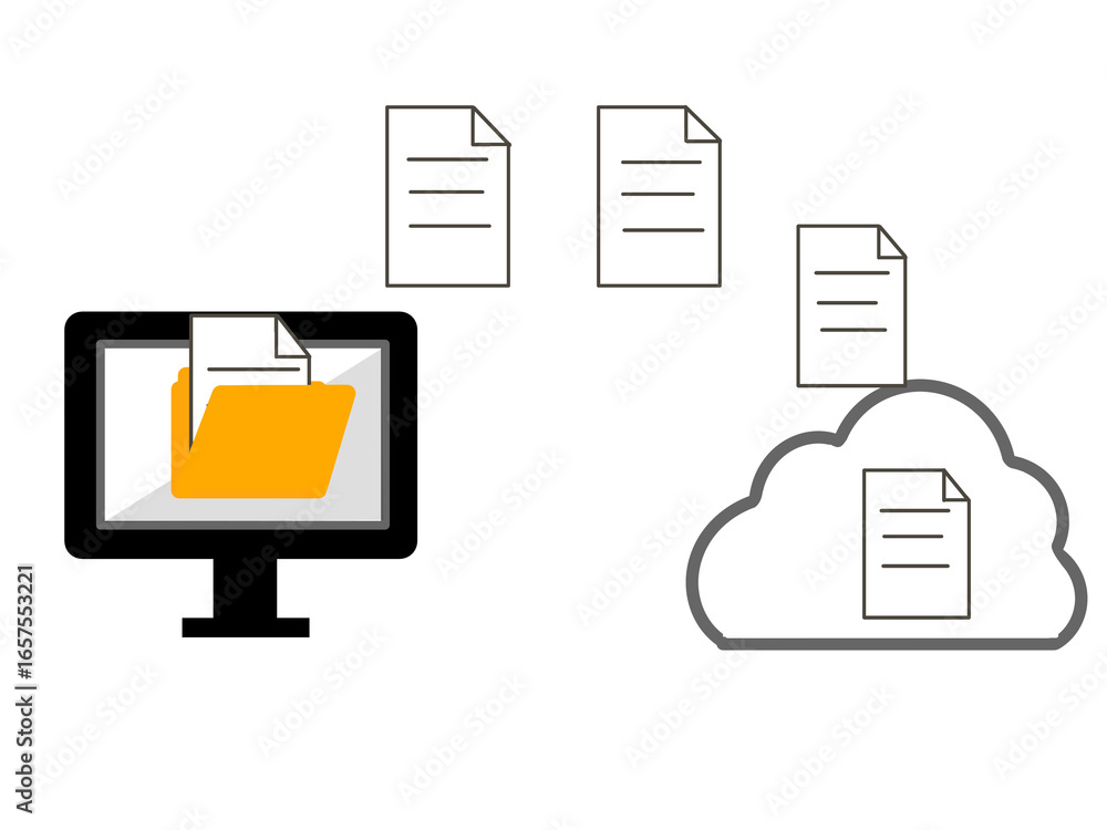 Poster data transfer illustration with transparent background. floating files from computer to cloud. copyi